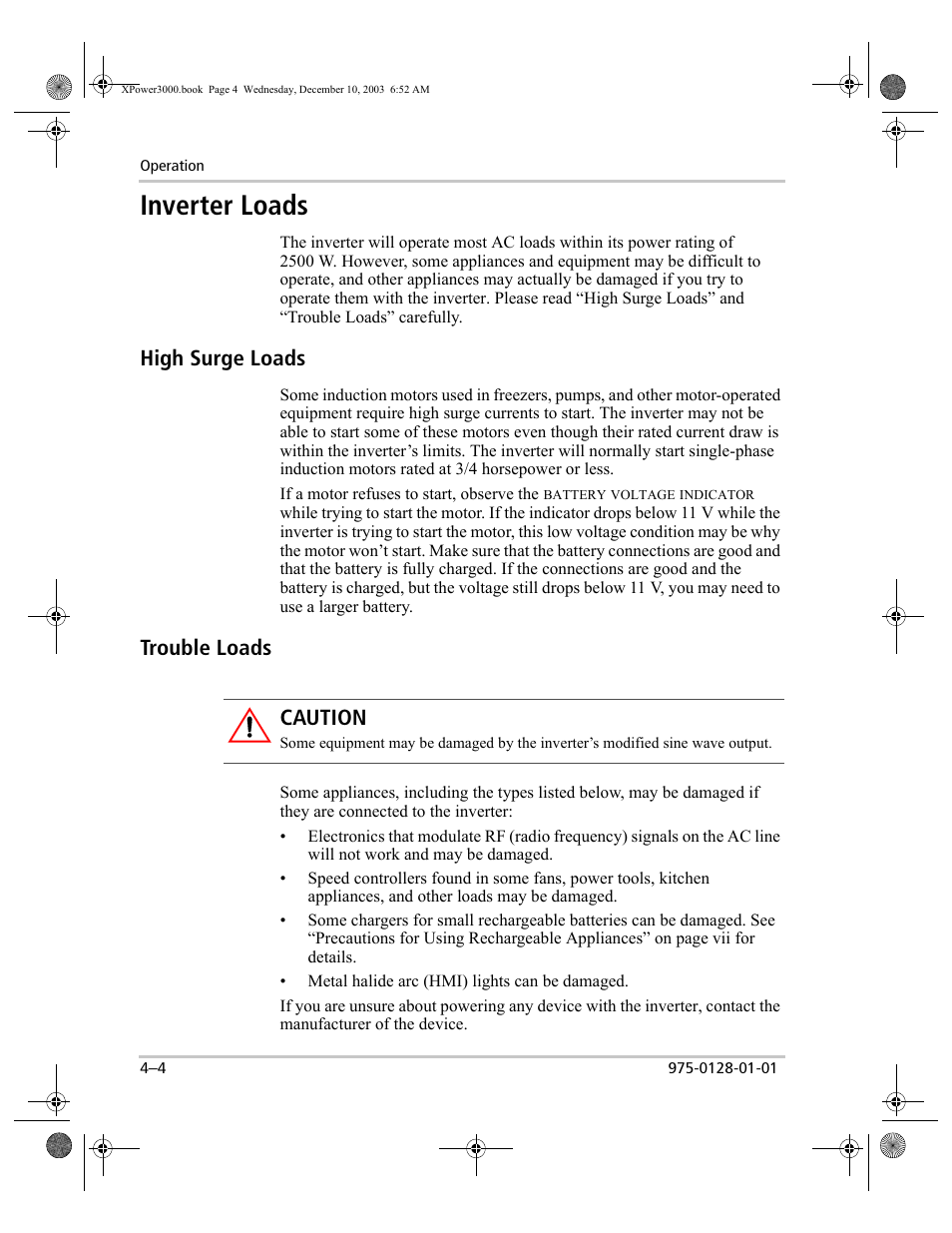 High surge loads, Trouble loads, Inverter loads –4 | High surge loads –4 trouble loads –4, Inverter loads, Caution | Xantrex Technology 3000 User Manual | Page 38 / 64