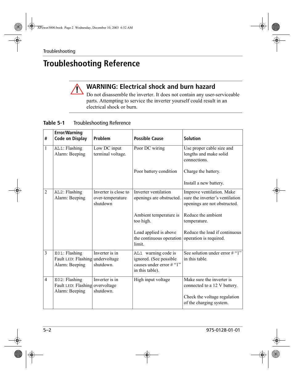 Troubleshooting reference –2, Troubleshooting reference, Warning: electrical shock and burn hazard | Xantrex Technology 3000 User Manual | Page 42 / 64