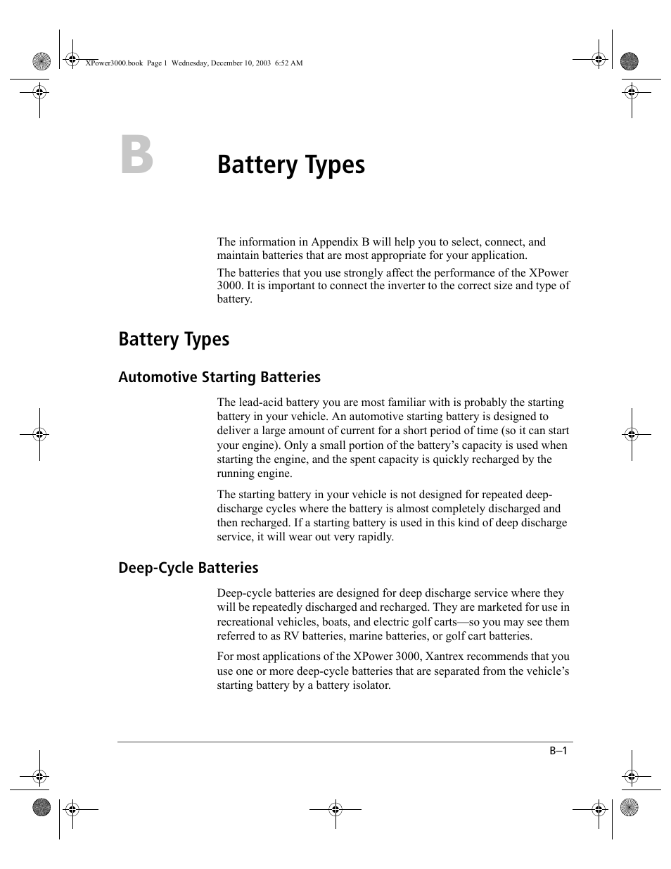 Automotive starting batteries, Deep-cycle batteries, Battery types | Ult appendix b | Xantrex Technology 3000 User Manual | Page 47 / 64