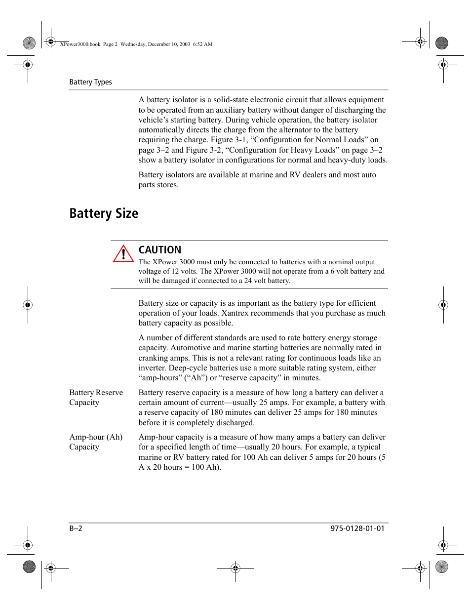 Battery size, Caution | Xantrex Technology 3000 User Manual | Page 48 / 64