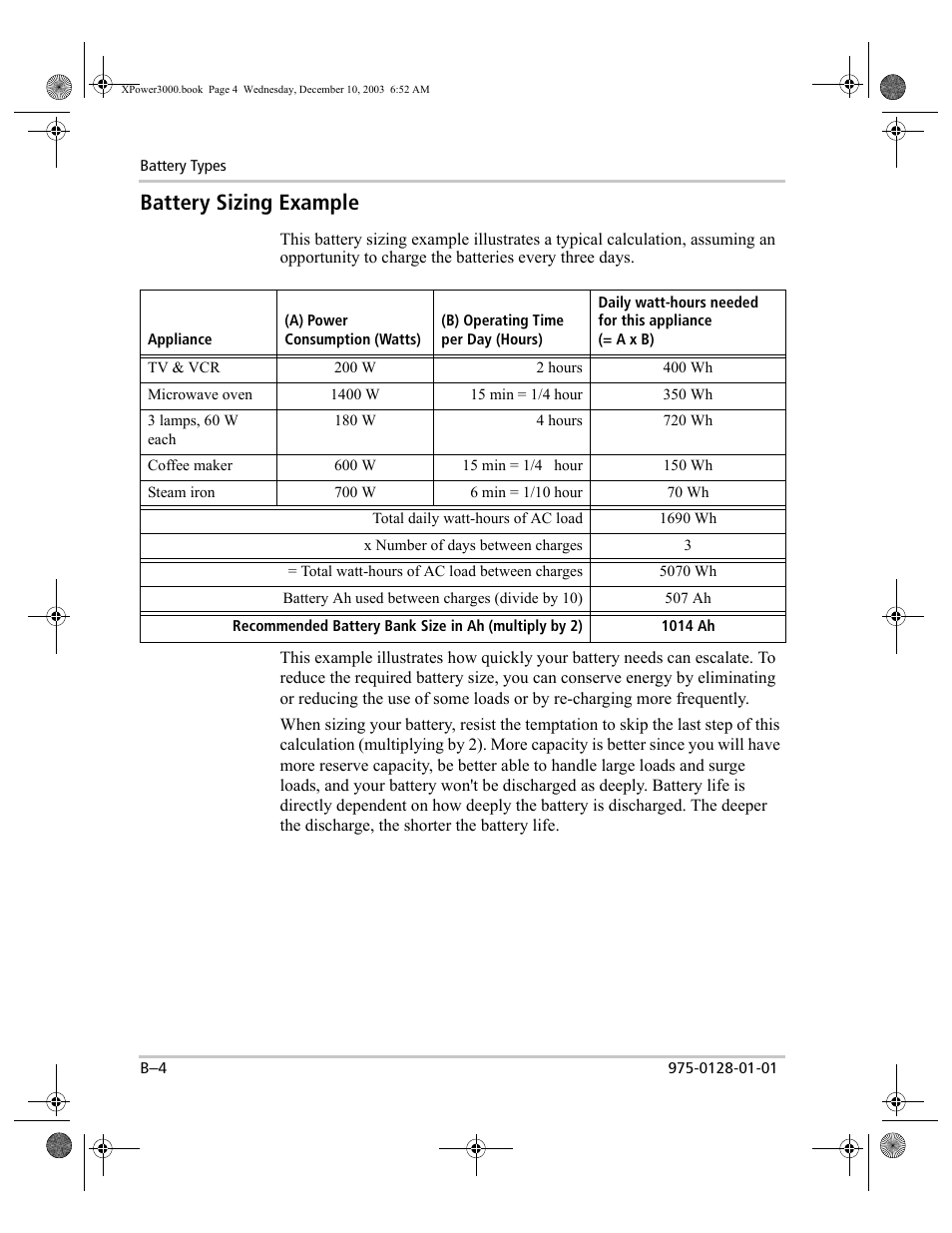 Battery sizing example | Xantrex Technology 3000 User Manual | Page 50 / 64