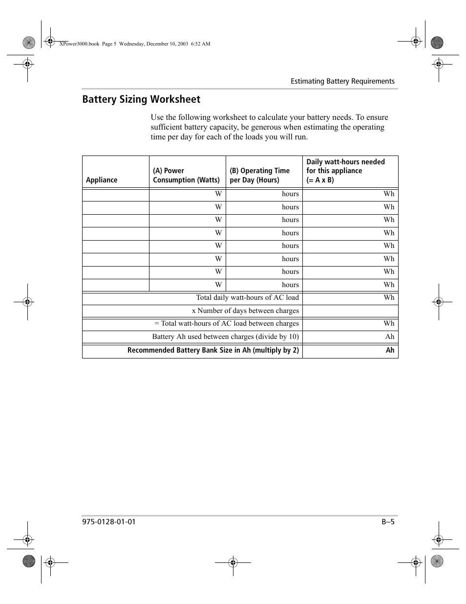 Battery sizing worksheet | Xantrex Technology 3000 User Manual | Page 51 / 64