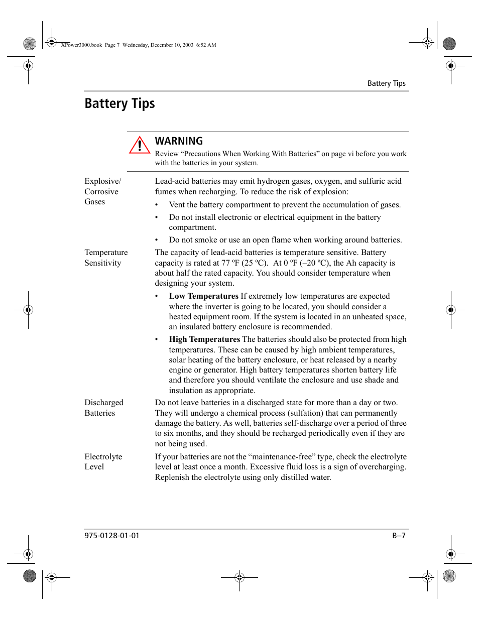 Battery tips, Warning | Xantrex Technology 3000 User Manual | Page 53 / 64