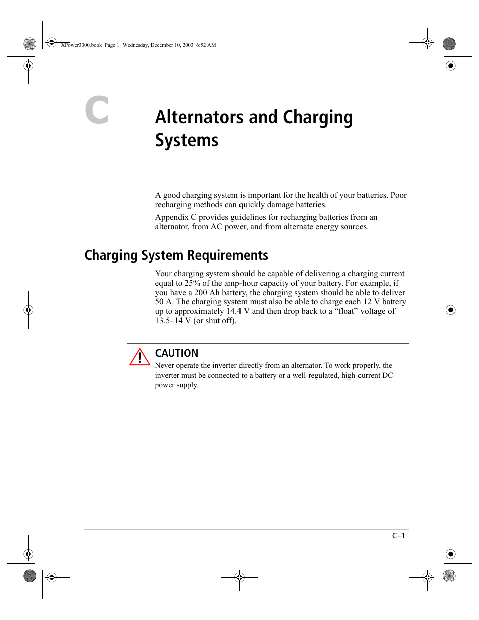 Alternators and charging systems, D appendix c, Charging system requirements | Xantrex Technology 3000 User Manual | Page 55 / 64