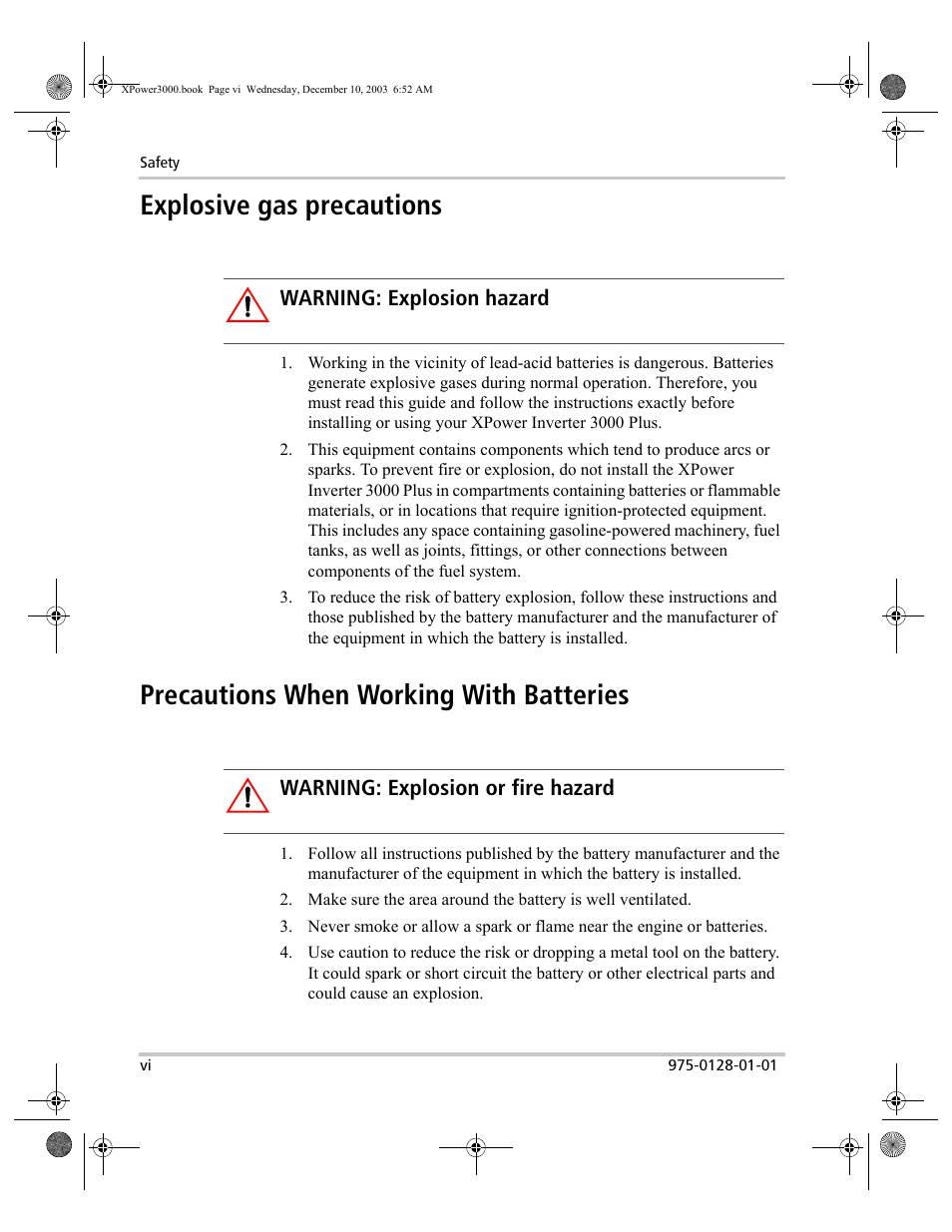 Explosive gas precautions, Precautions when working with batteries | Xantrex Technology 3000 User Manual | Page 6 / 64