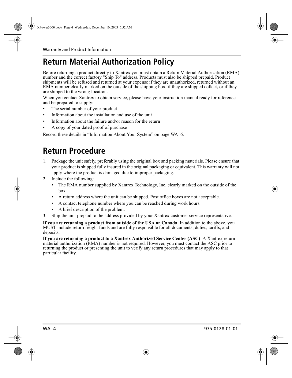 Return material authorization policy, Return procedure | Xantrex Technology 3000 User Manual | Page 62 / 64