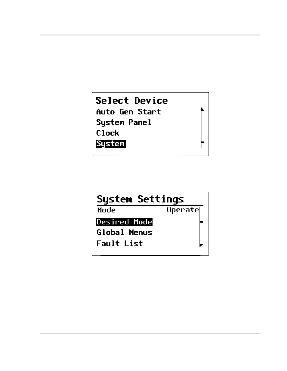 Putting the system into safe mode, Putting the system into safe mode –9, Figure 2-5 | Select device menu –9, Figure 2-6, System settings menu –9 | Xantrex Technology MS2000 User Manual | Page 39 / 126