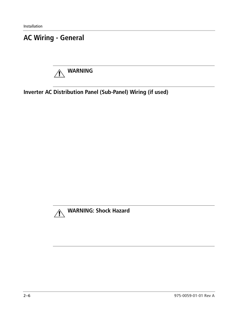 Ac wiring - general, Warning, Warning : shock hazard | Ac wiring - general –6, Warning: shock hazard | Xantrex Technology power Inverter Stacking User Manual | Page 24 / 50