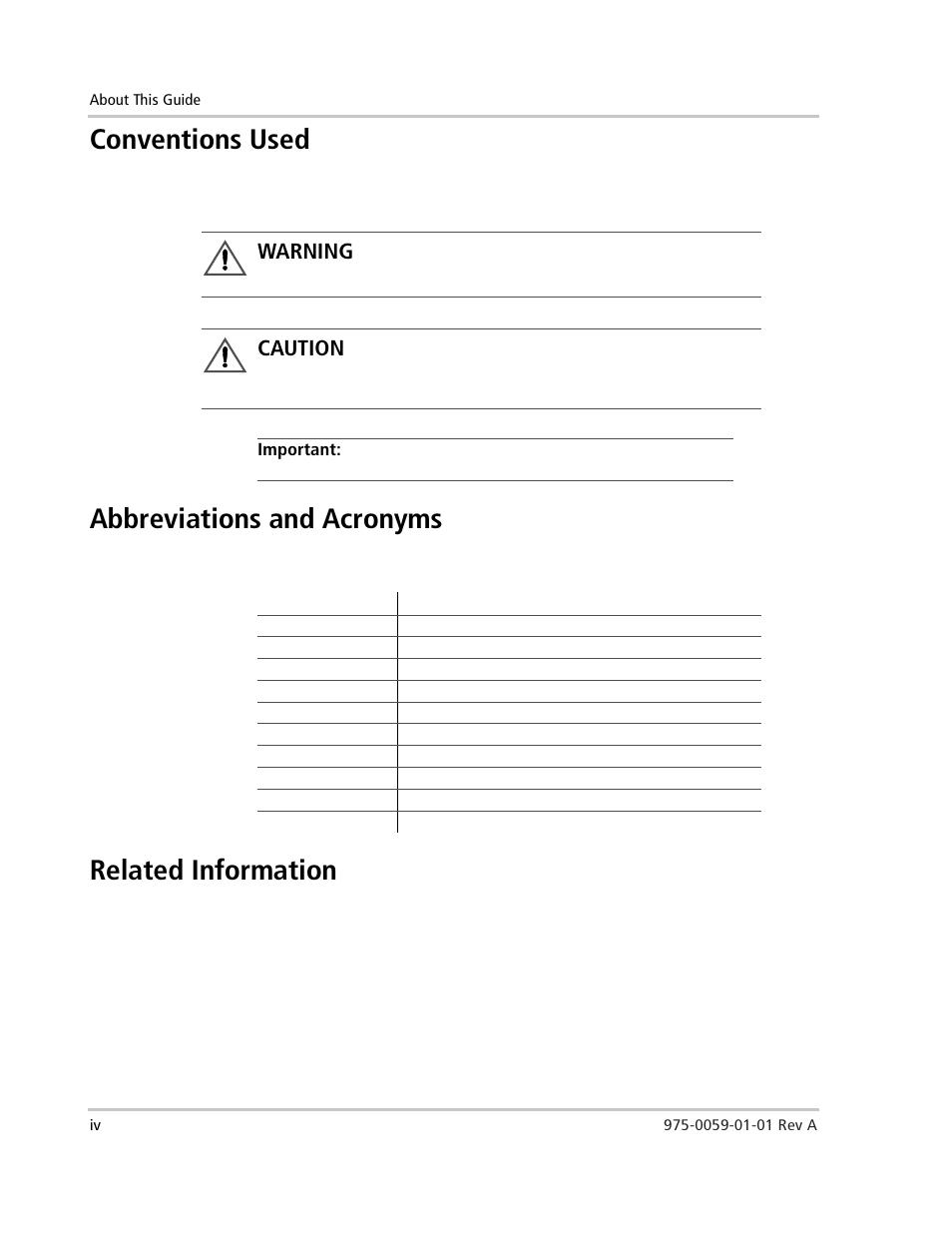 Conventions used, Warning, Caution | Important, Abbreviations and acronyms, Related information | Xantrex Technology power Inverter Stacking User Manual | Page 6 / 50