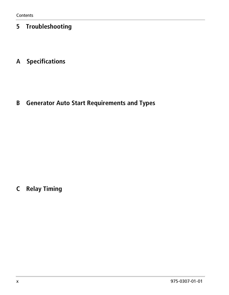 5troubleshooting, Aspecifications, Bgenerator auto start requirements and types | Crelay timing | Xantrex Technology XW User Manual | Page 12 / 124