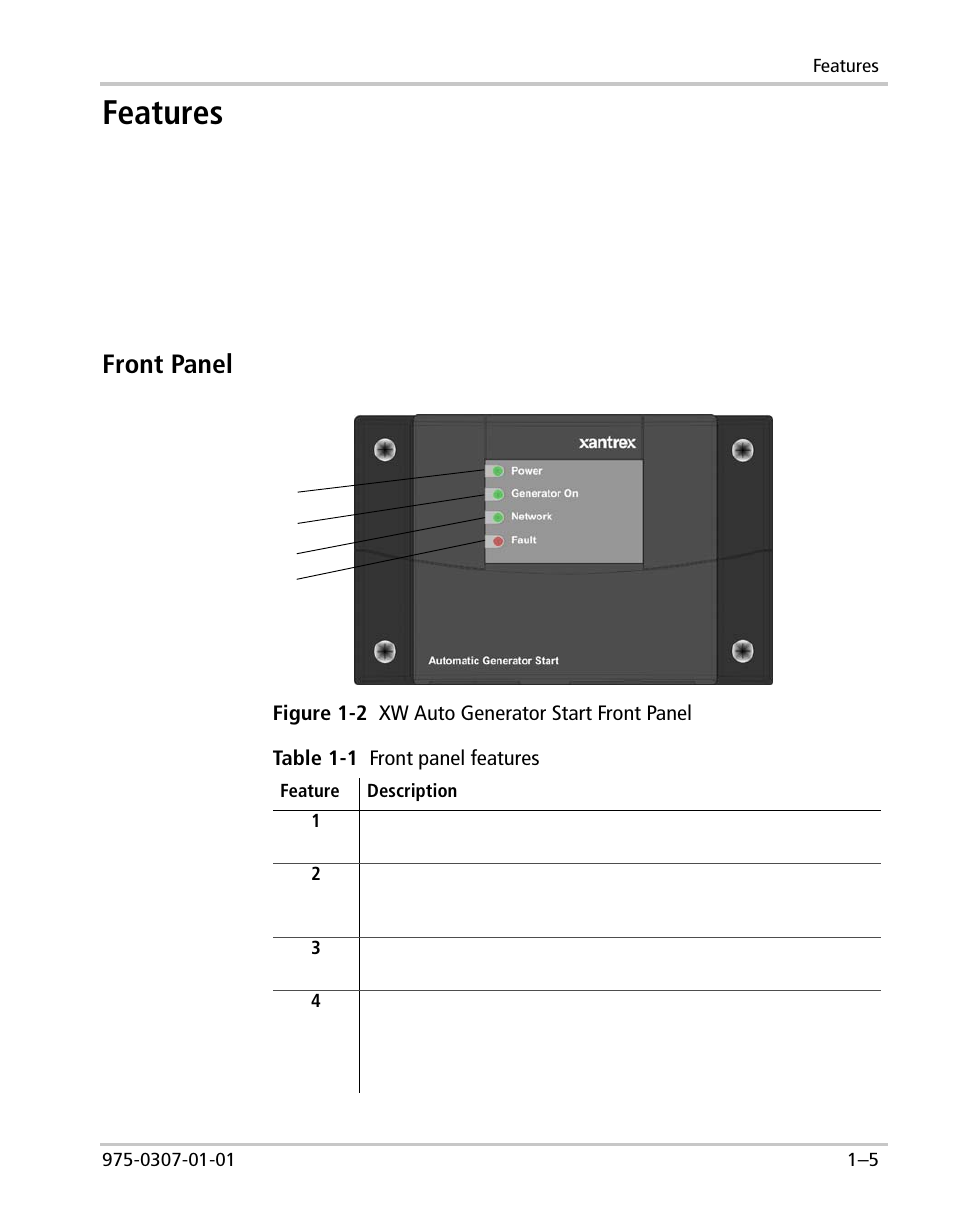 Features, Front panel | Xantrex Technology XW User Manual | Page 21 / 124