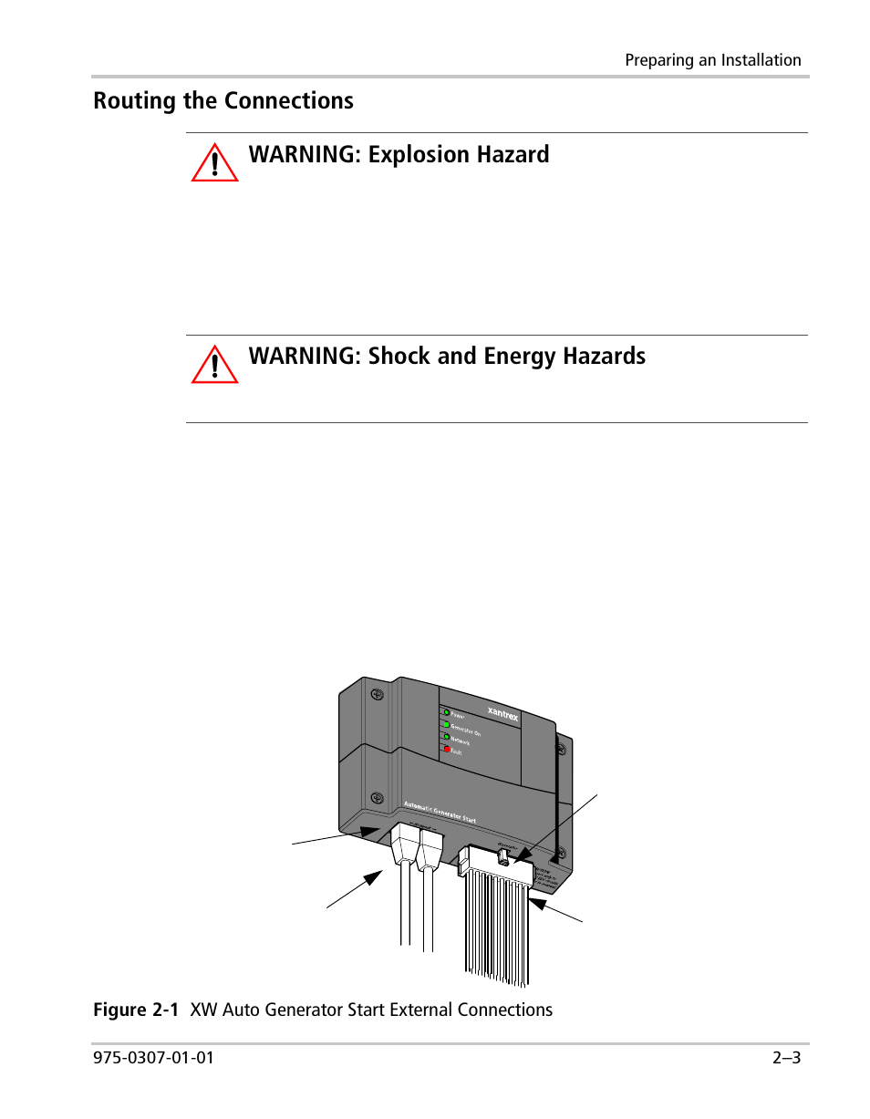 Routing the connections, Warning: explosion hazard, Warning: shock and energy hazards | Xantrex Technology XW User Manual | Page 25 / 124