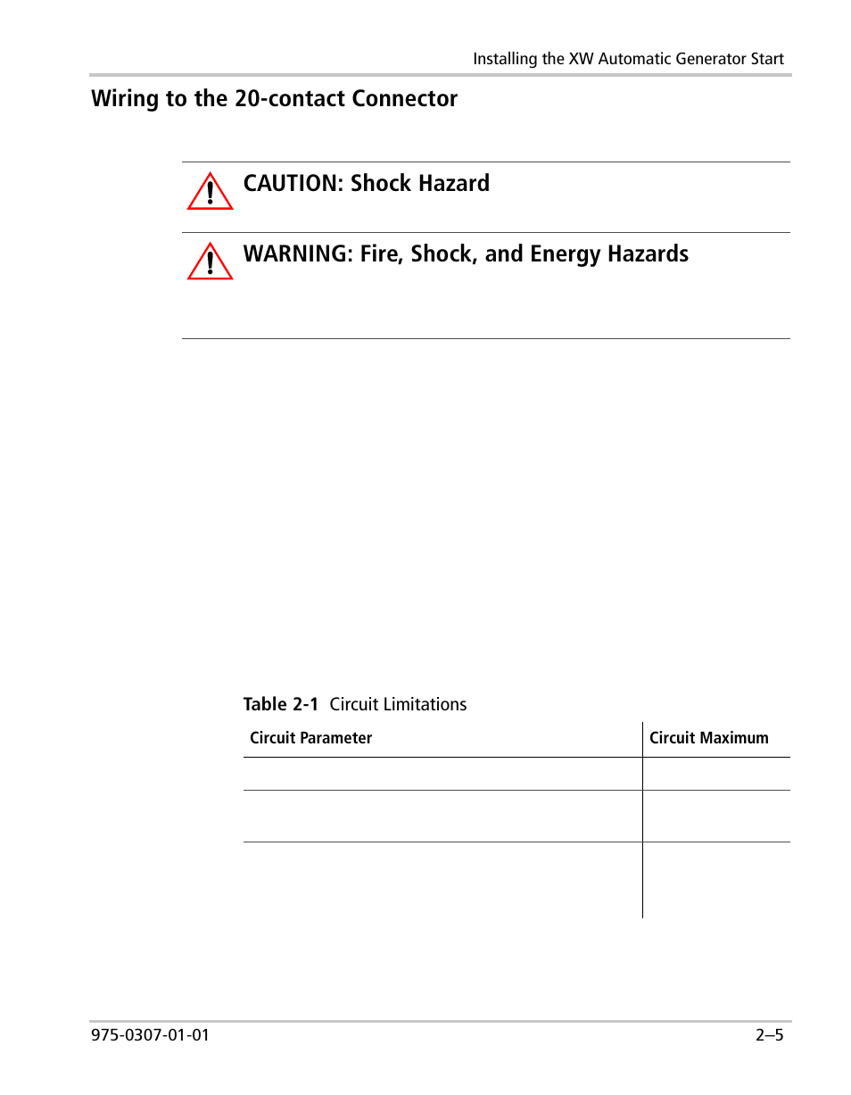 Wiring to the 20-contact connector, Caution: shock hazard, Warning: fire, shock, and energy hazards | Xantrex Technology XW User Manual | Page 27 / 124