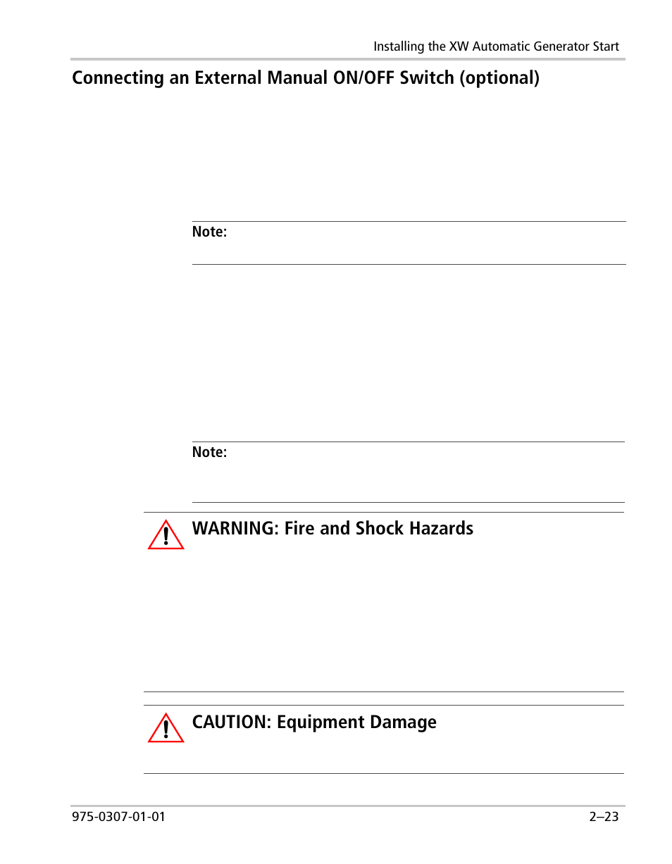 Warning: fire and shock hazards, Caution: equipment damage | Xantrex Technology XW User Manual | Page 45 / 124