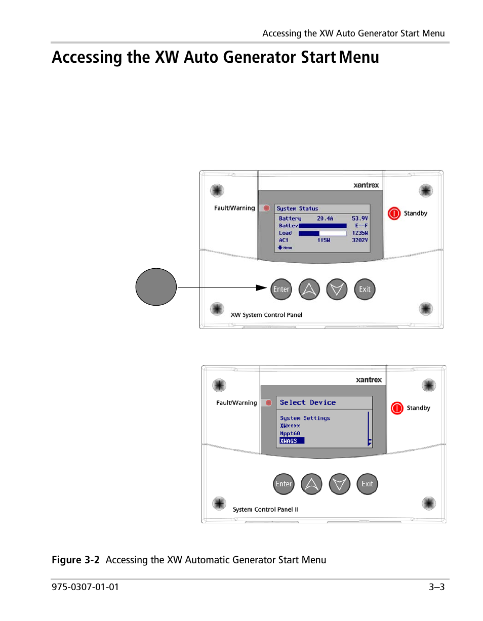 Accessing the xw auto generator start, Menu | Xantrex Technology XW User Manual | Page 53 / 124