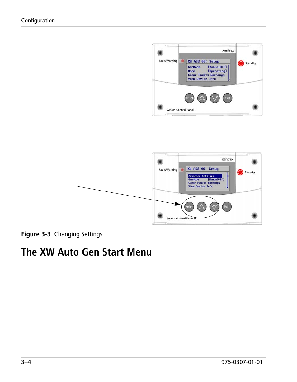 The xw auto gen start menu | Xantrex Technology XW User Manual | Page 54 / 124