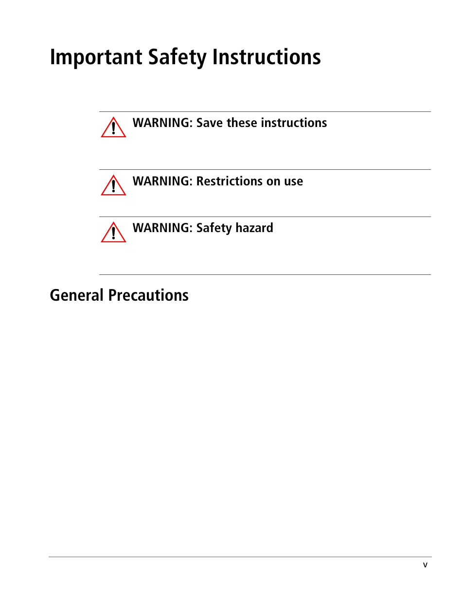 Important safety instructions, General precautions, Warning: save these instructions | Warning: restrictions on use, Warning: safety hazard | Xantrex Technology XW User Manual | Page 7 / 124