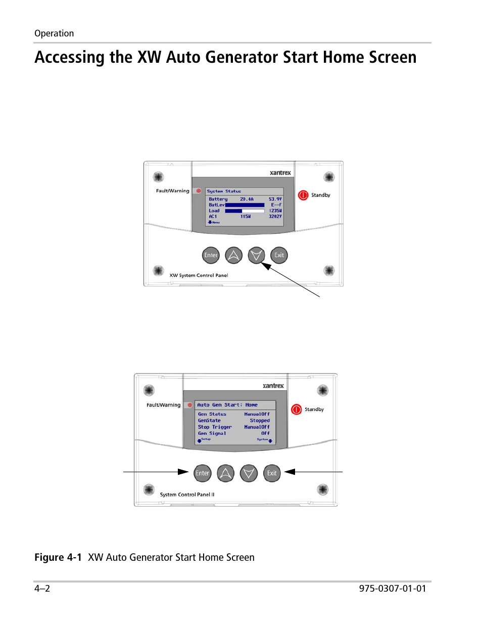 Accessing the xw auto generator start home screen | Xantrex Technology XW User Manual | Page 86 / 124