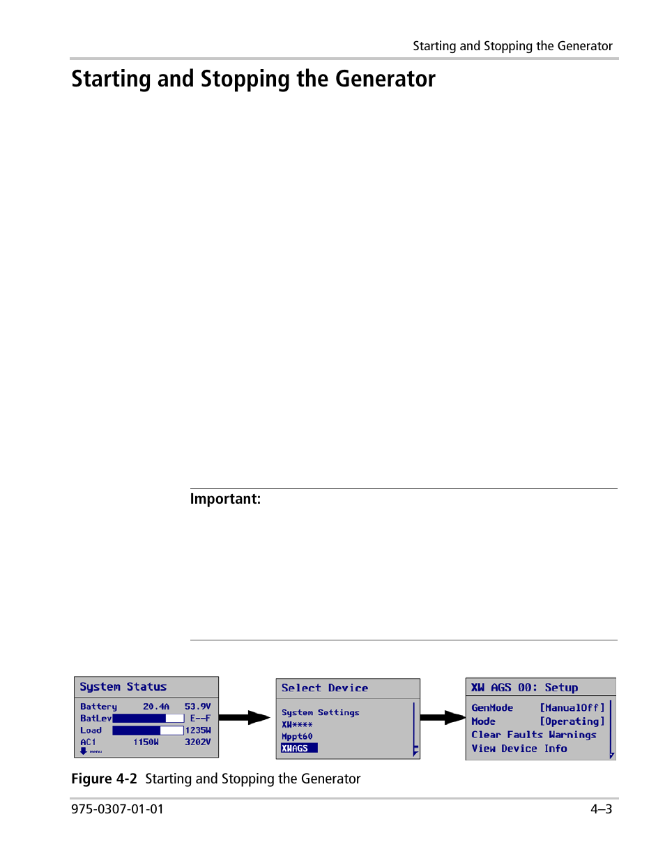 Starting and stopping the generator | Xantrex Technology XW User Manual | Page 87 / 124