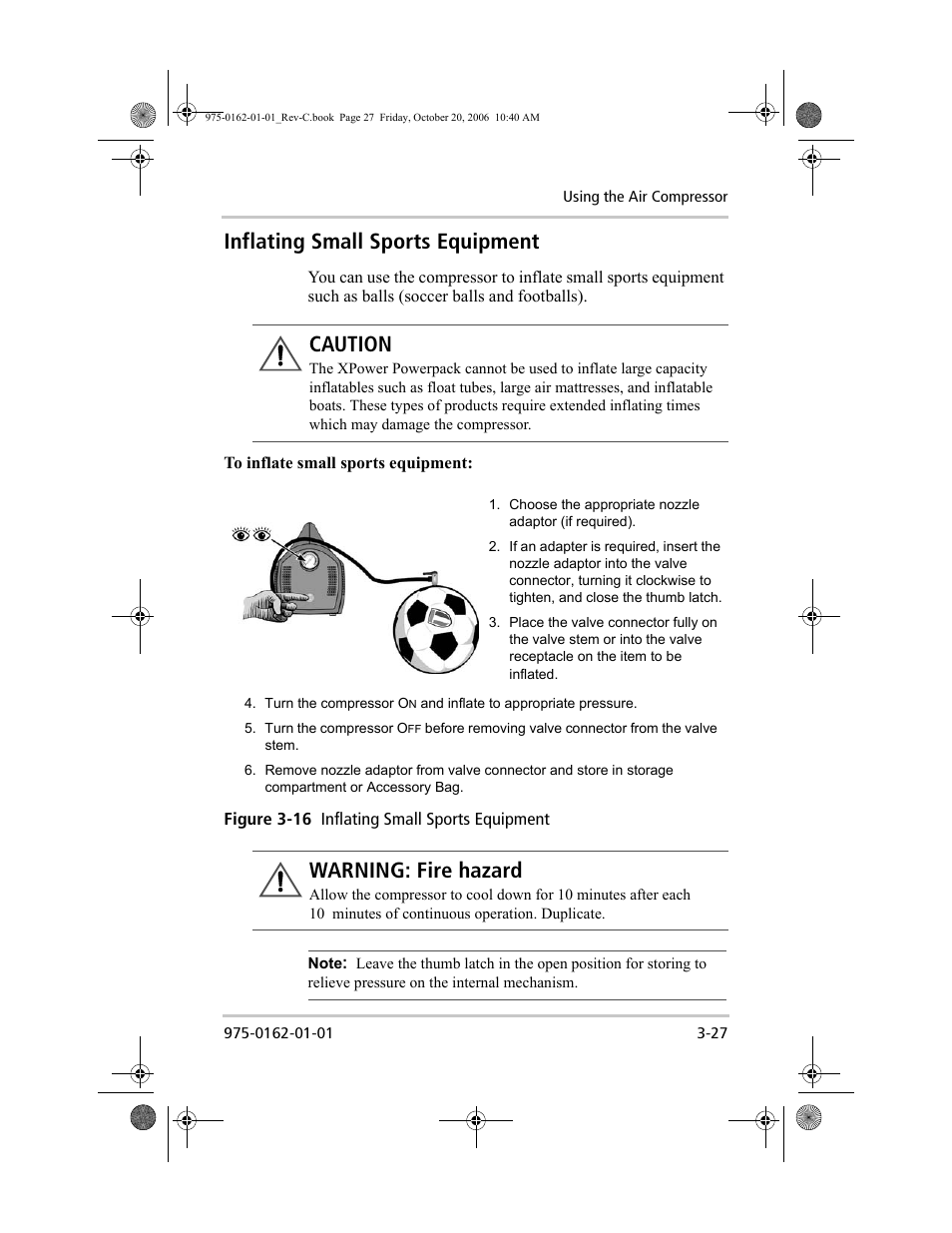 Inflating small sports equipment, Caution, Warning: fire hazard | Xantrex Technology XPower Powerpack 400 Plus User Manual | Page 53 / 82