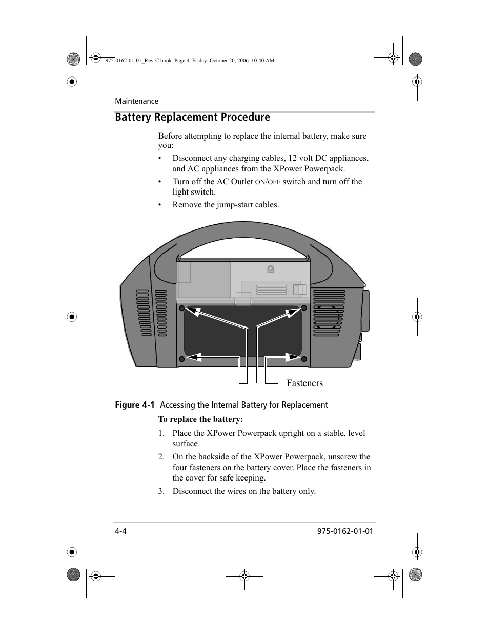 Battery replacement procedure | Xantrex Technology XPower Powerpack 400 Plus User Manual | Page 62 / 82