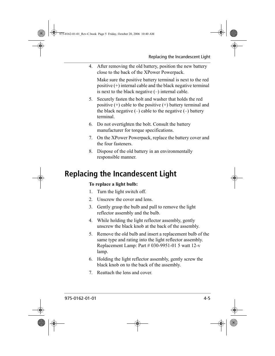 Replacing the incandescent light | Xantrex Technology XPower Powerpack 400 Plus User Manual | Page 63 / 82