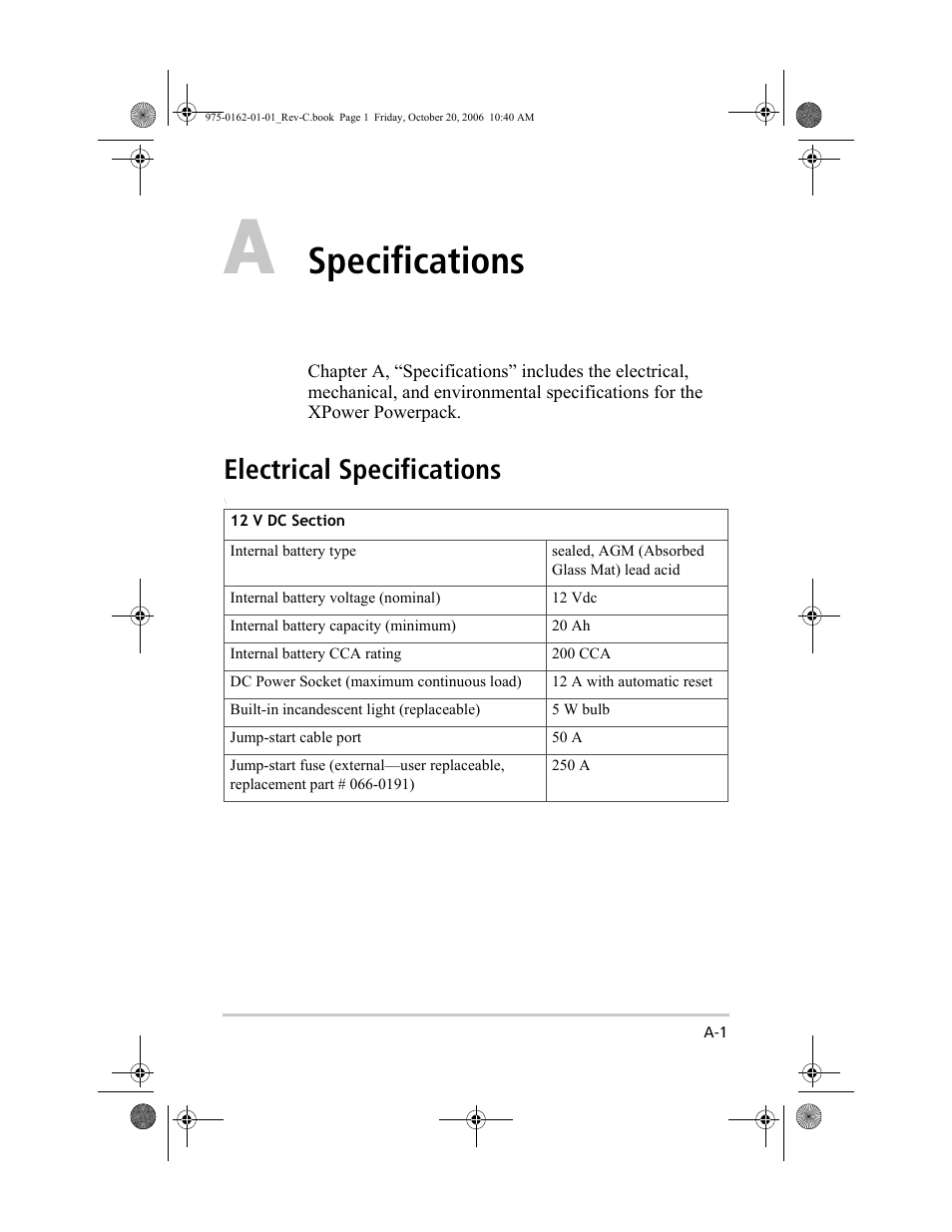 Specifications, Electrical specifications | Xantrex Technology XPower Powerpack 400 Plus User Manual | Page 67 / 82