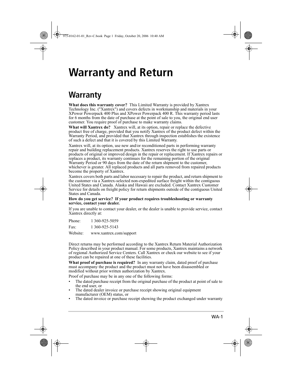 Warranty and return, Warranty | Xantrex Technology XPower Powerpack 400 Plus User Manual | Page 77 / 82