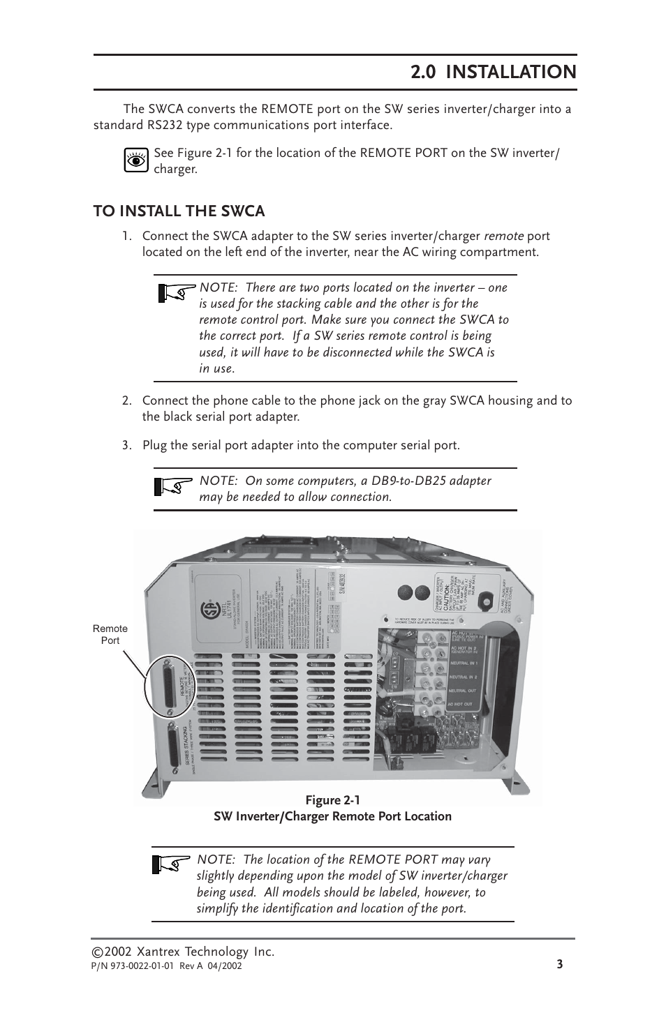 0 installation, To install the swca | Xantrex Technology SW Communications Adapter User Manual | Page 11 / 36
