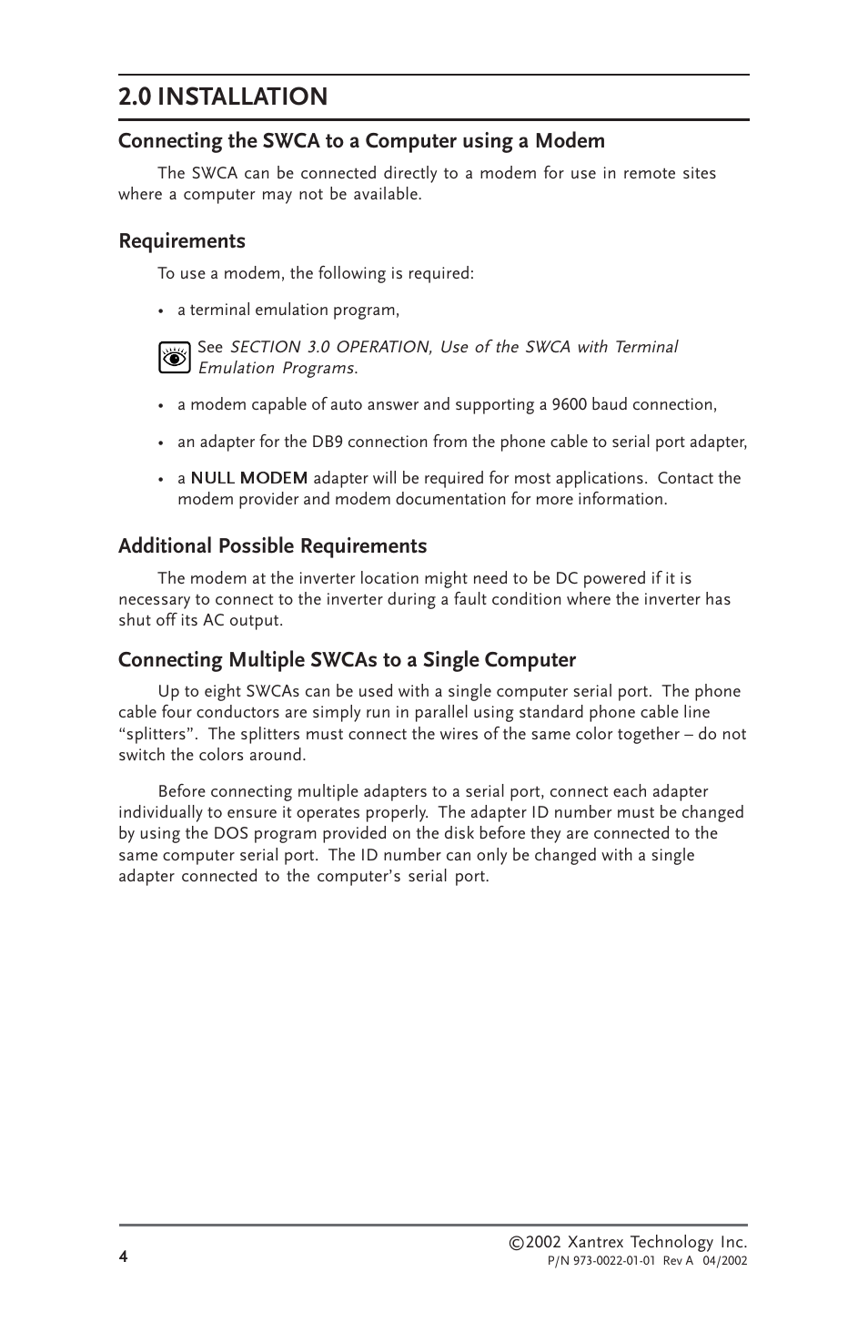 Connecting the swca to a computer using a modem, Requirements, Additional possible requirements | Connecting multiple swcas to a single computer, Requirements additional possible requirements, 0 installation | Xantrex Technology SW Communications Adapter User Manual | Page 12 / 36