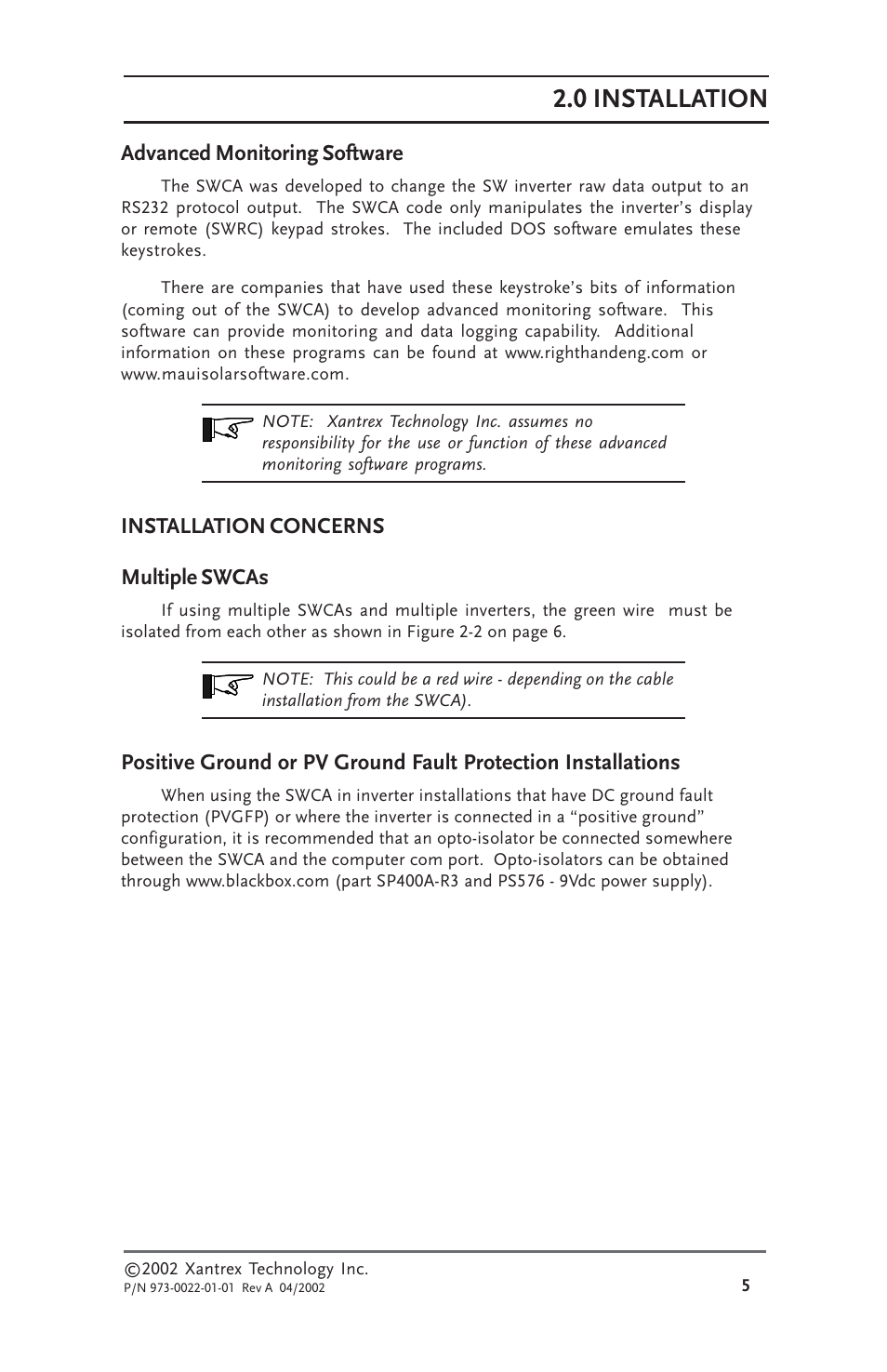 Advanced monitoring software, Installation concerns, Multiple swcas | 0 installation, Installation concerns multiple swcas | Xantrex Technology SW Communications Adapter User Manual | Page 13 / 36