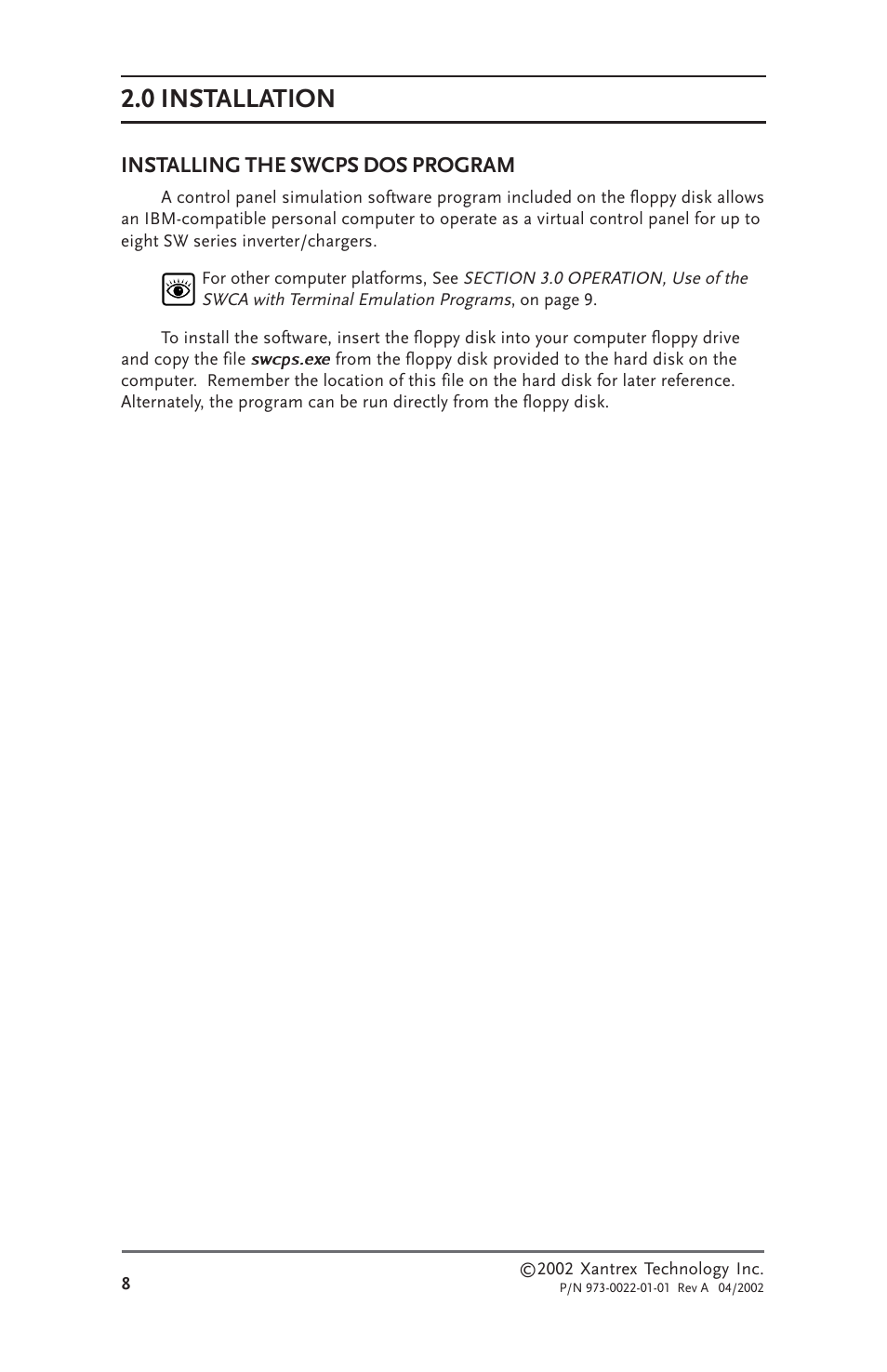 Installing the swcps dos program, 0 installation | Xantrex Technology SW Communications Adapter User Manual | Page 16 / 36