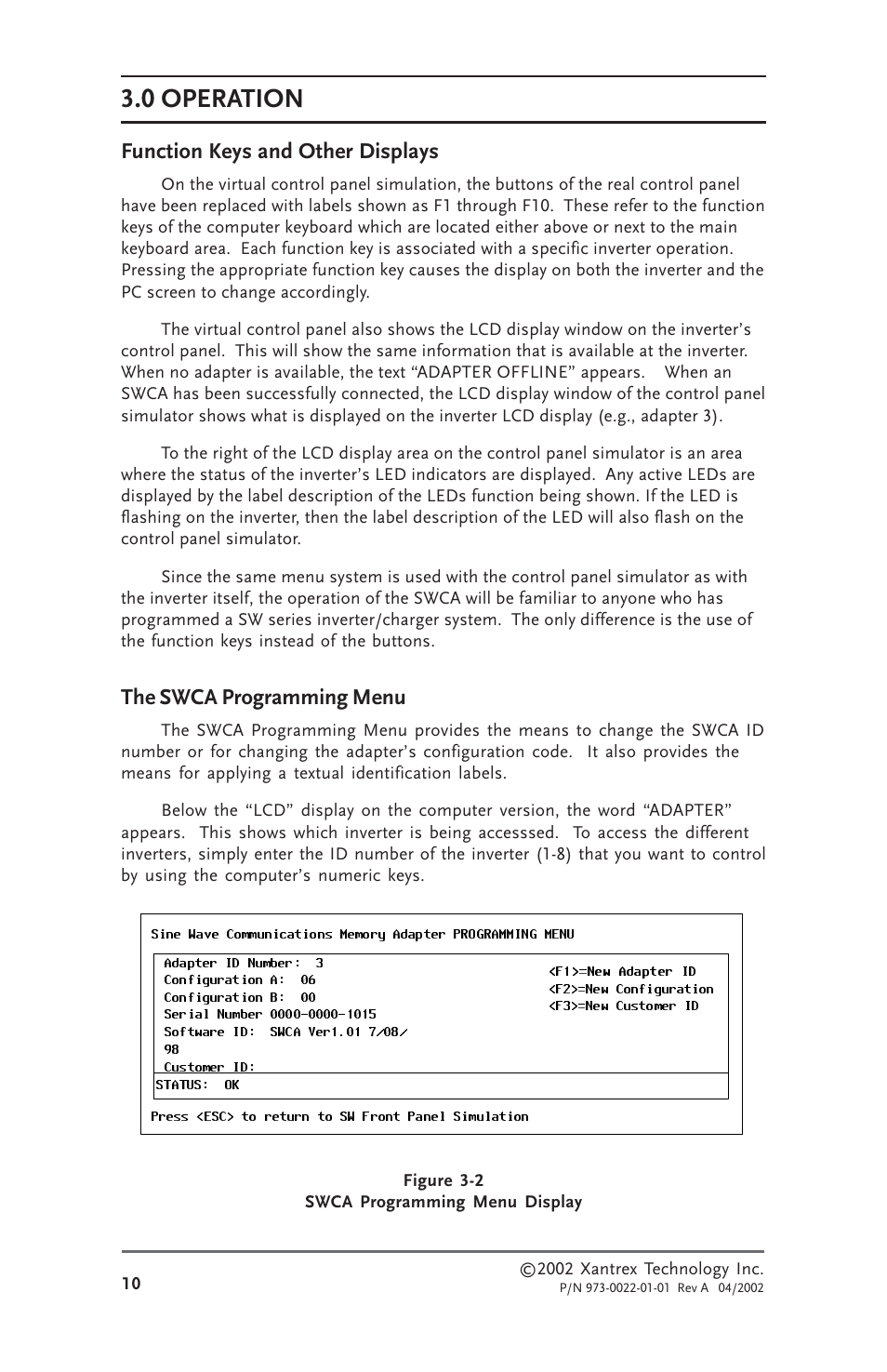 Function keys and other displays, The swca programming menu, 0 operation | Xantrex Technology SW Communications Adapter User Manual | Page 18 / 36