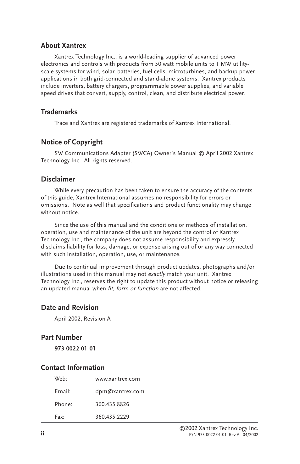 About xantrex, Trademarks, Notice of copyright | Disclaimer, Date and revision, Part number, Contact information | Xantrex Technology SW Communications Adapter User Manual | Page 2 / 36