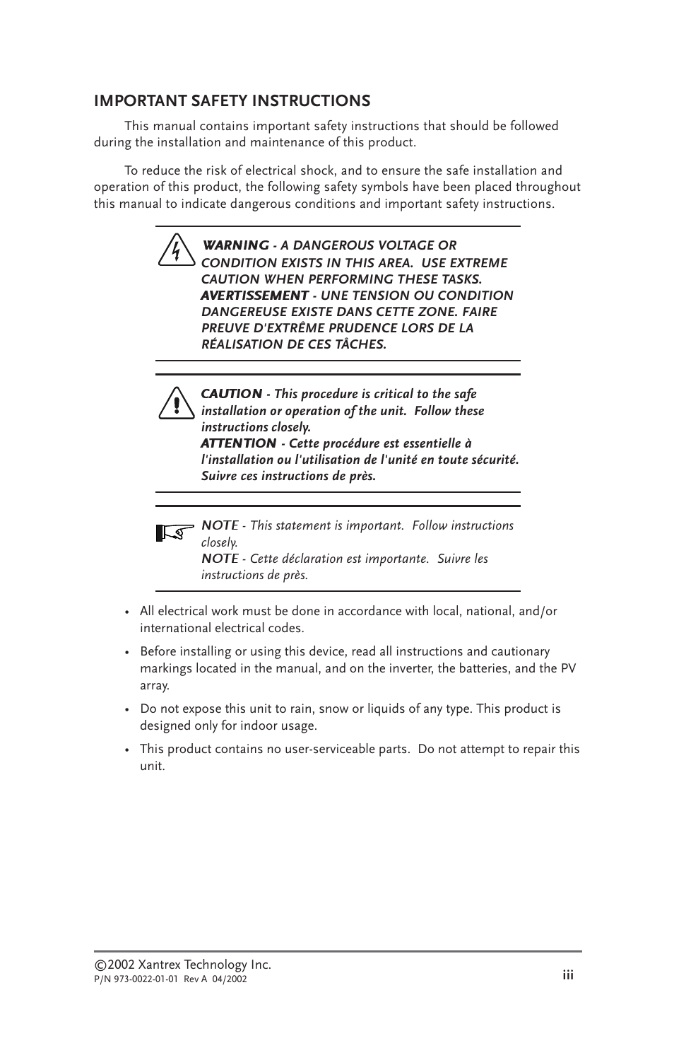 Important safety instructions | Xantrex Technology SW Communications Adapter User Manual | Page 3 / 36