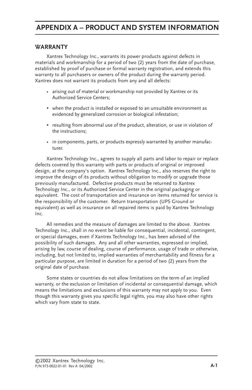 Appendix a - product and system information, Warranty, Appendix a – product and system information | Xantrex Technology SW Communications Adapter User Manual | Page 31 / 36