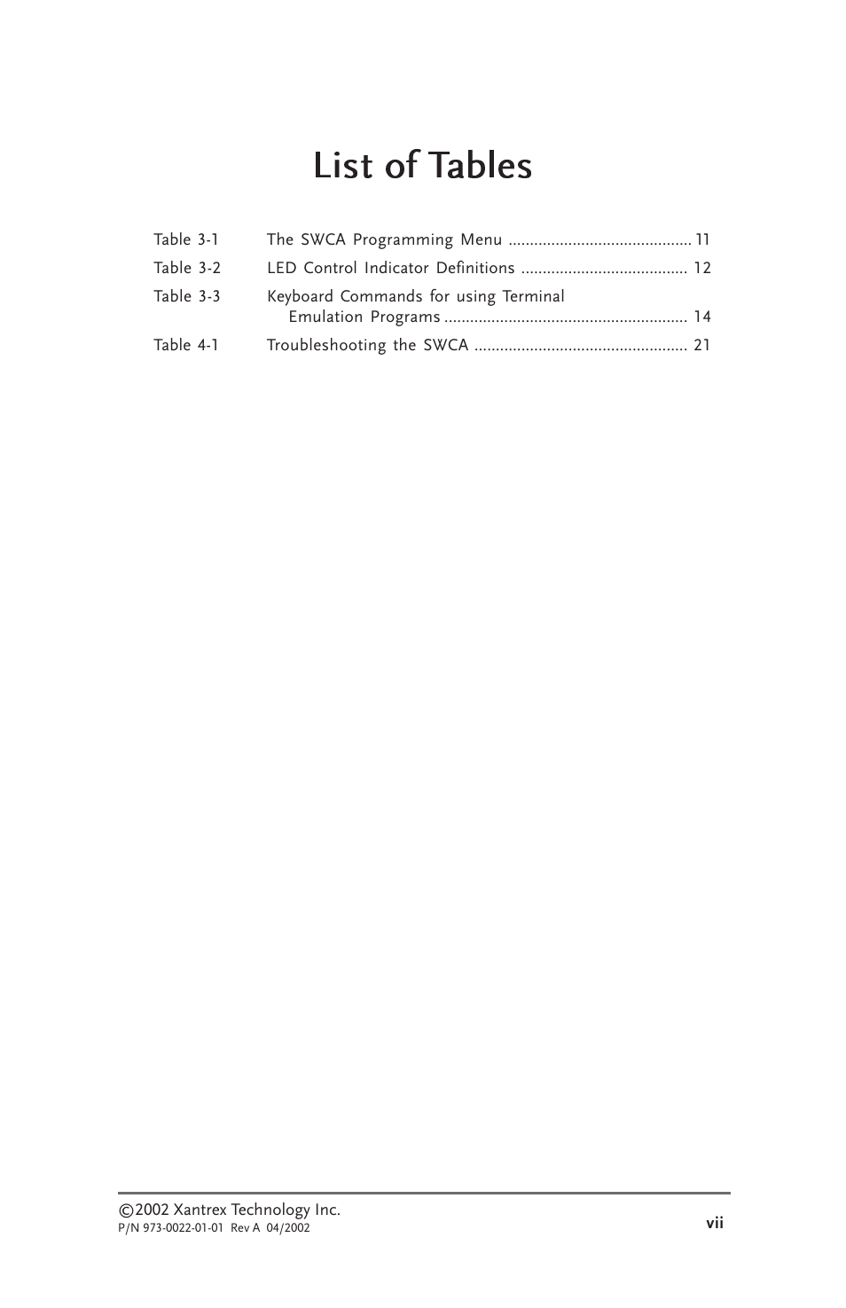 List of tables | Xantrex Technology SW Communications Adapter User Manual | Page 7 / 36