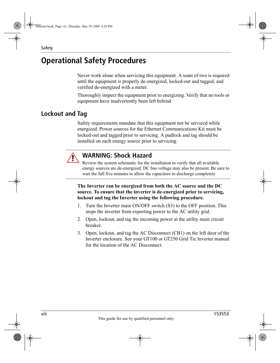 Operational safety procedures, Lockout and tag, Warning: shock hazard | Xantrex Technology GT Series User Manual | Page 10 / 26