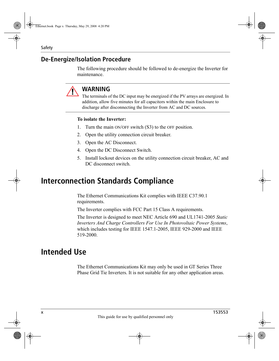 Interconnection standards compliance, Intended use, De-energize/isolation procedure | Warning | Xantrex Technology GT Series User Manual | Page 12 / 26