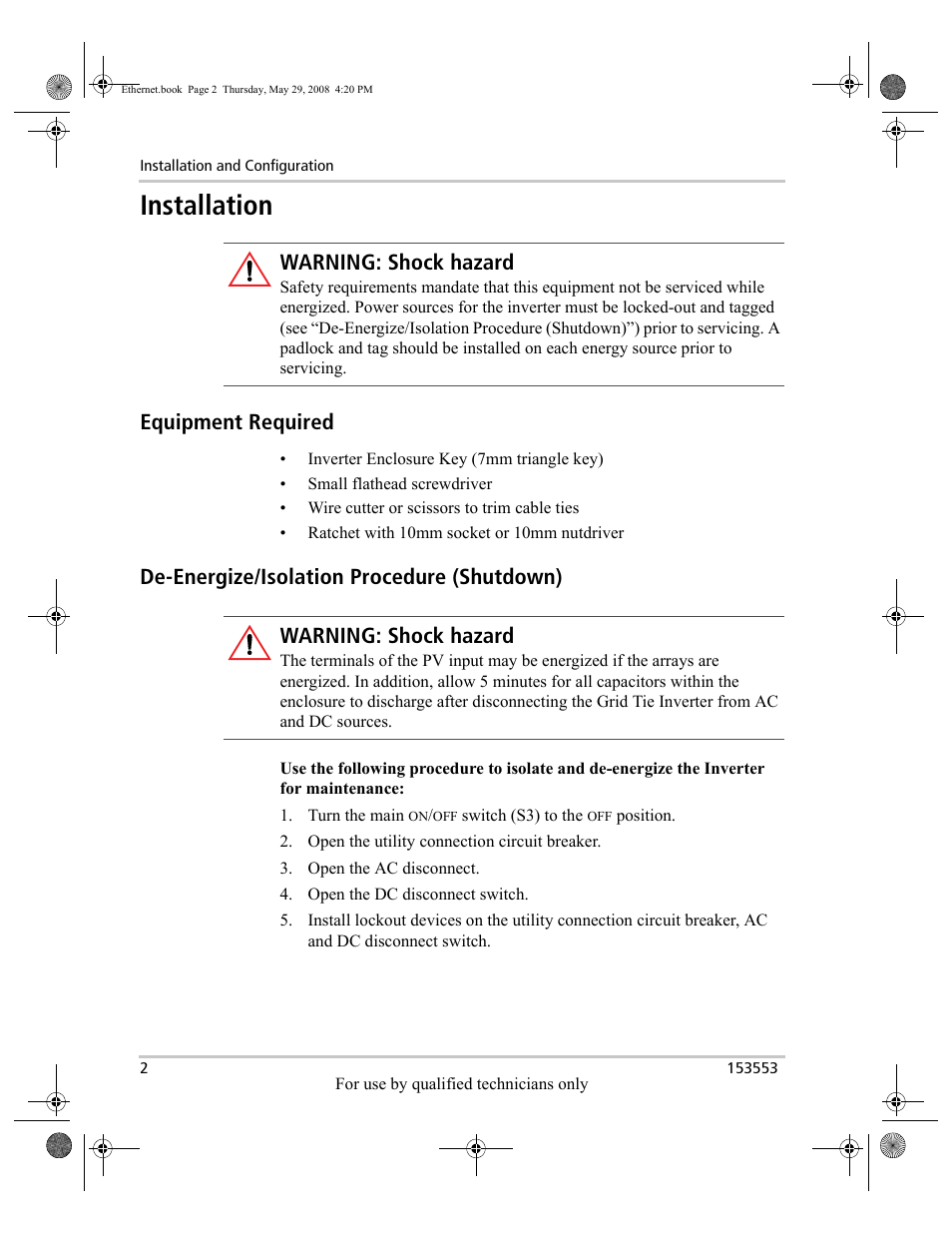 Installation, Equipment required, De-energize/isolation procedure (shutdown) | Warning: shock hazard | Xantrex Technology GT Series User Manual | Page 16 / 26