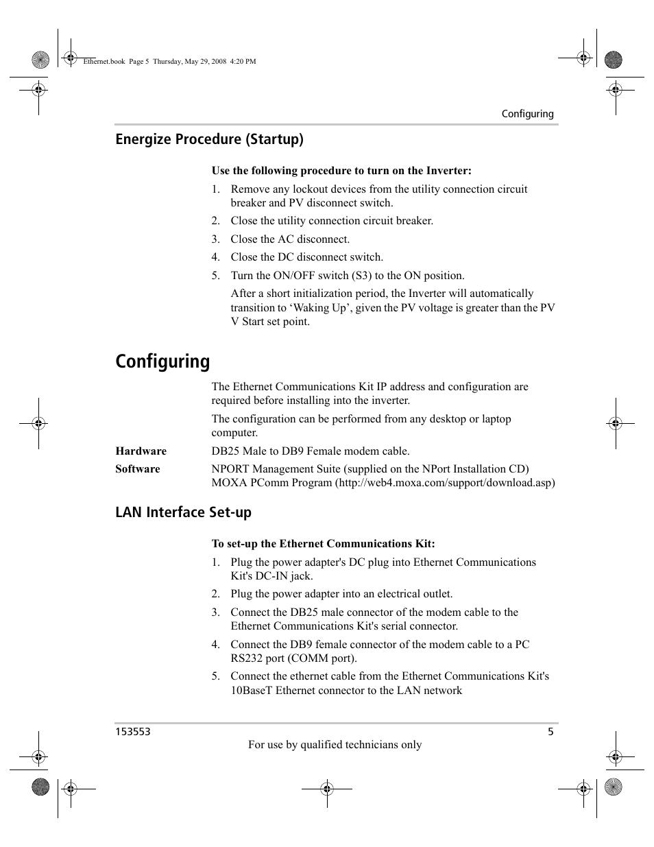 Configuring, Energize procedure (startup), Lan interface set-up | Xantrex Technology GT Series User Manual | Page 19 / 26