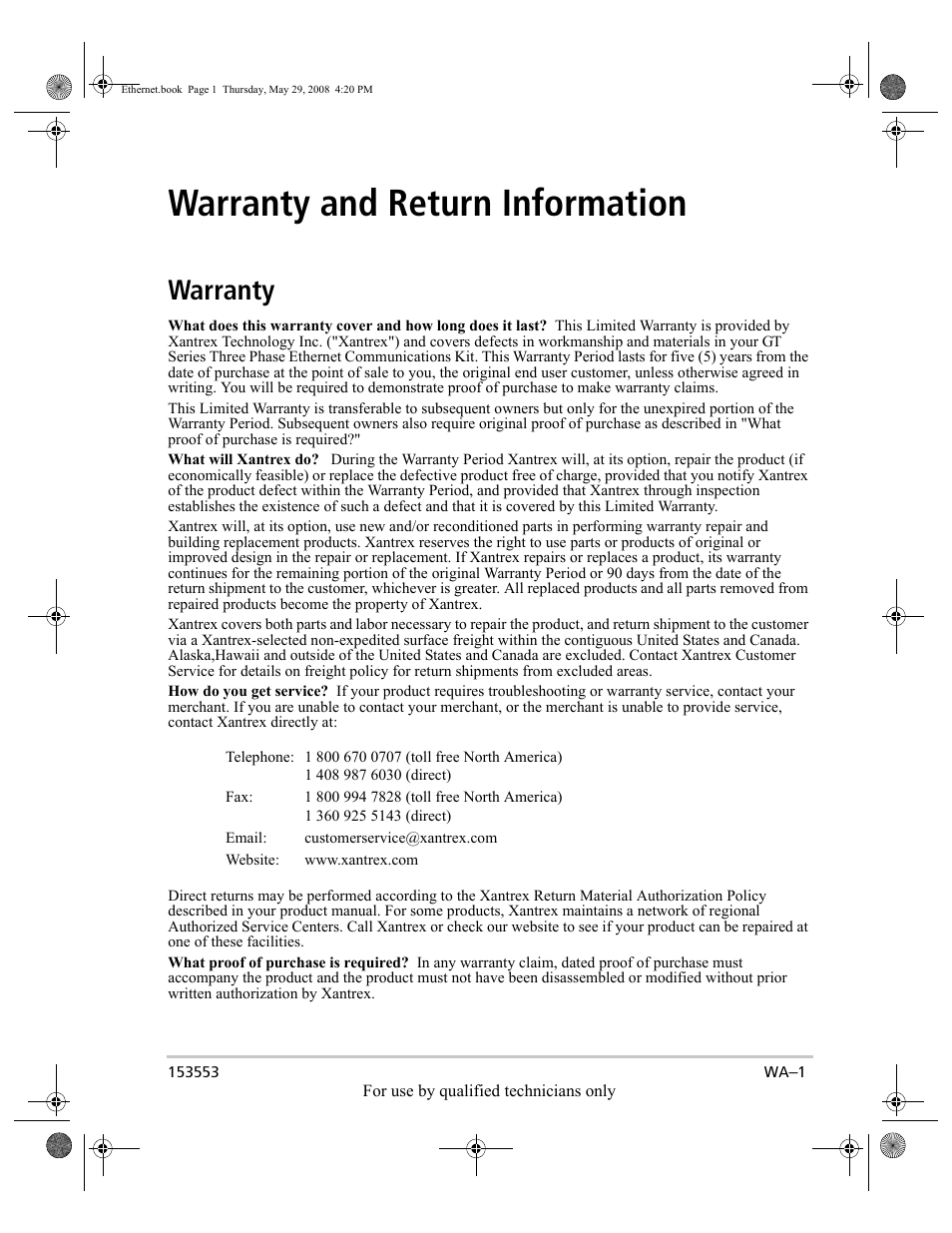 Warranty and return information, Warranty | Xantrex Technology GT Series User Manual | Page 21 / 26