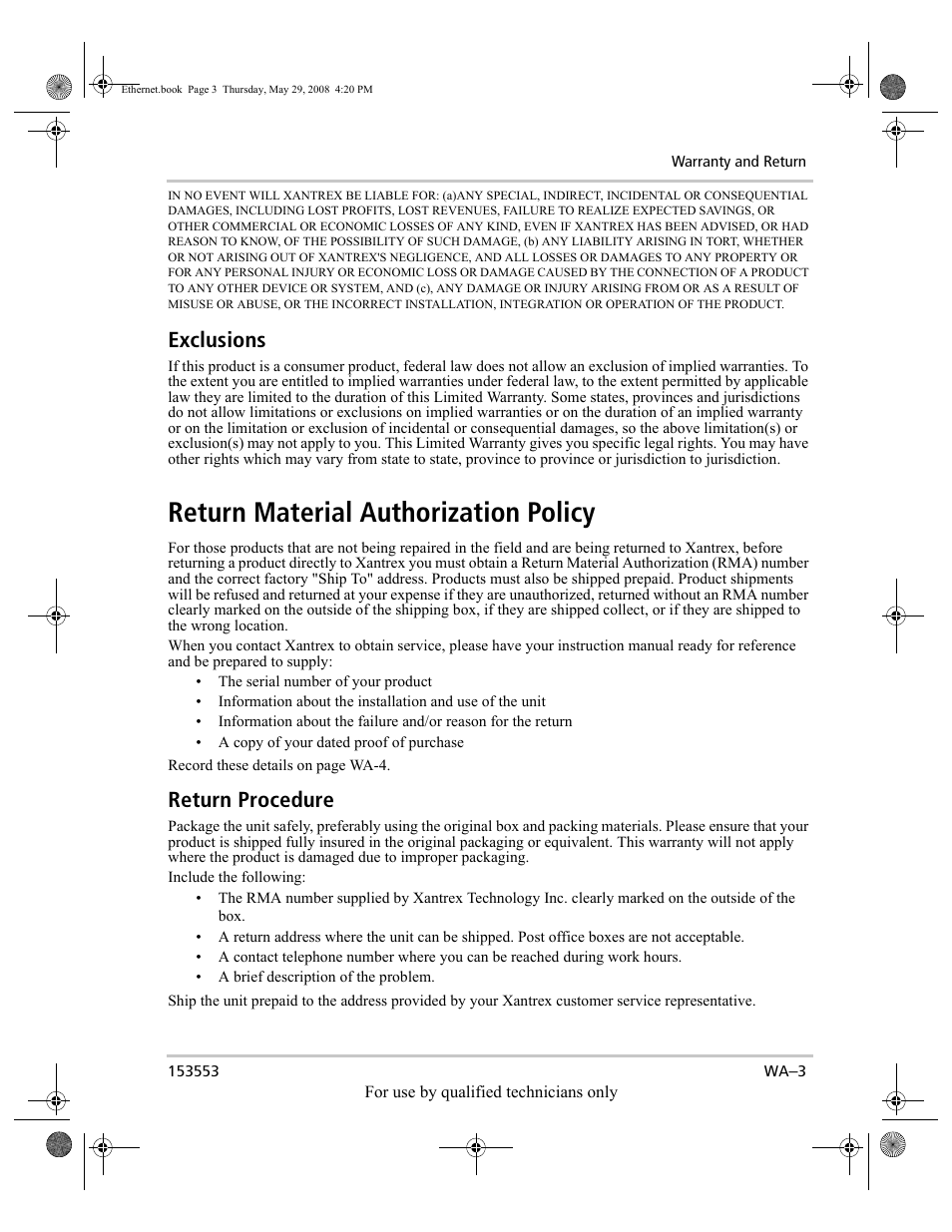 Return material authorization policy, Exclusions, Return procedure | Xantrex Technology GT Series User Manual | Page 23 / 26