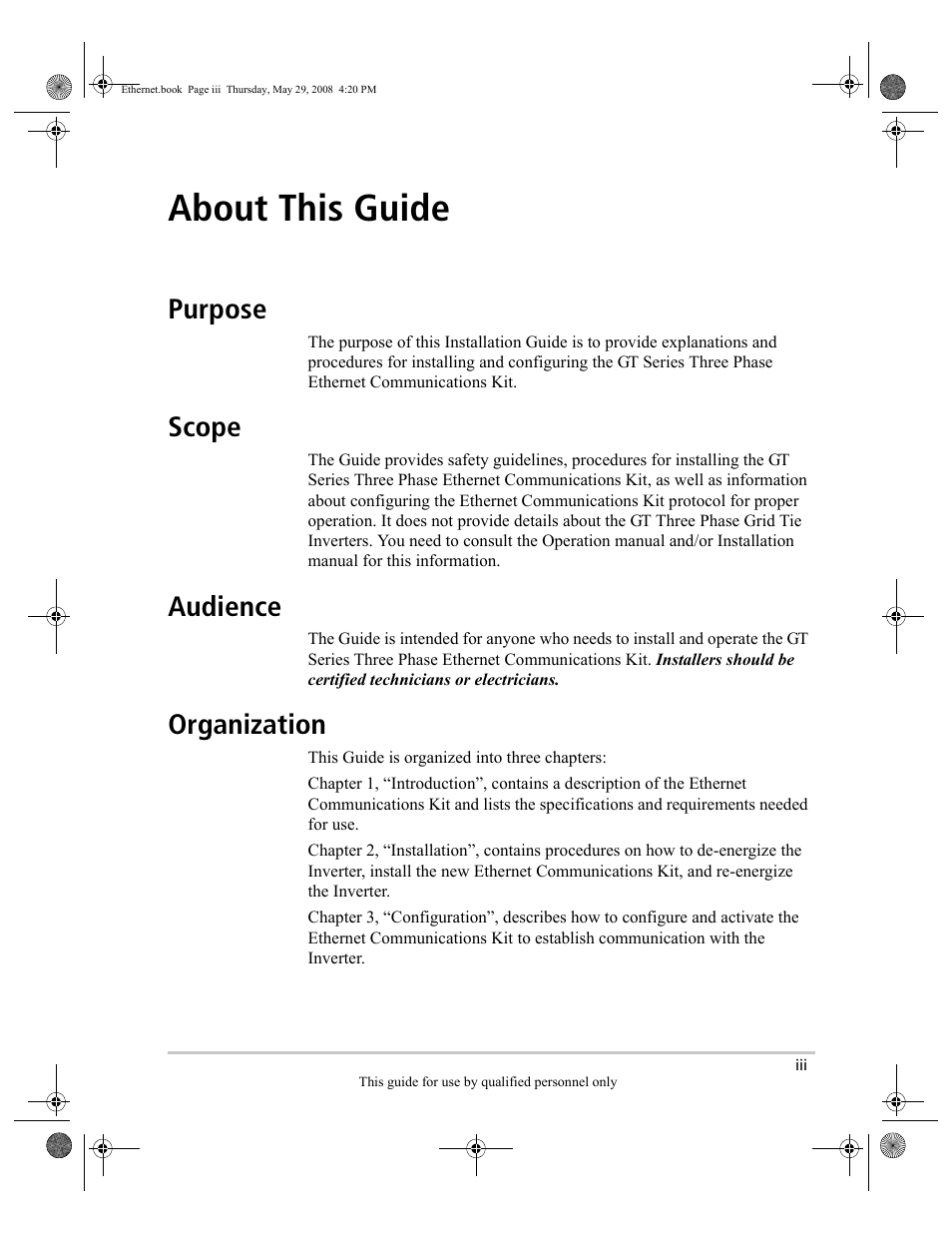 About this guide, Purpose, Scope | Audience, Organization | Xantrex Technology GT Series User Manual | Page 5 / 26