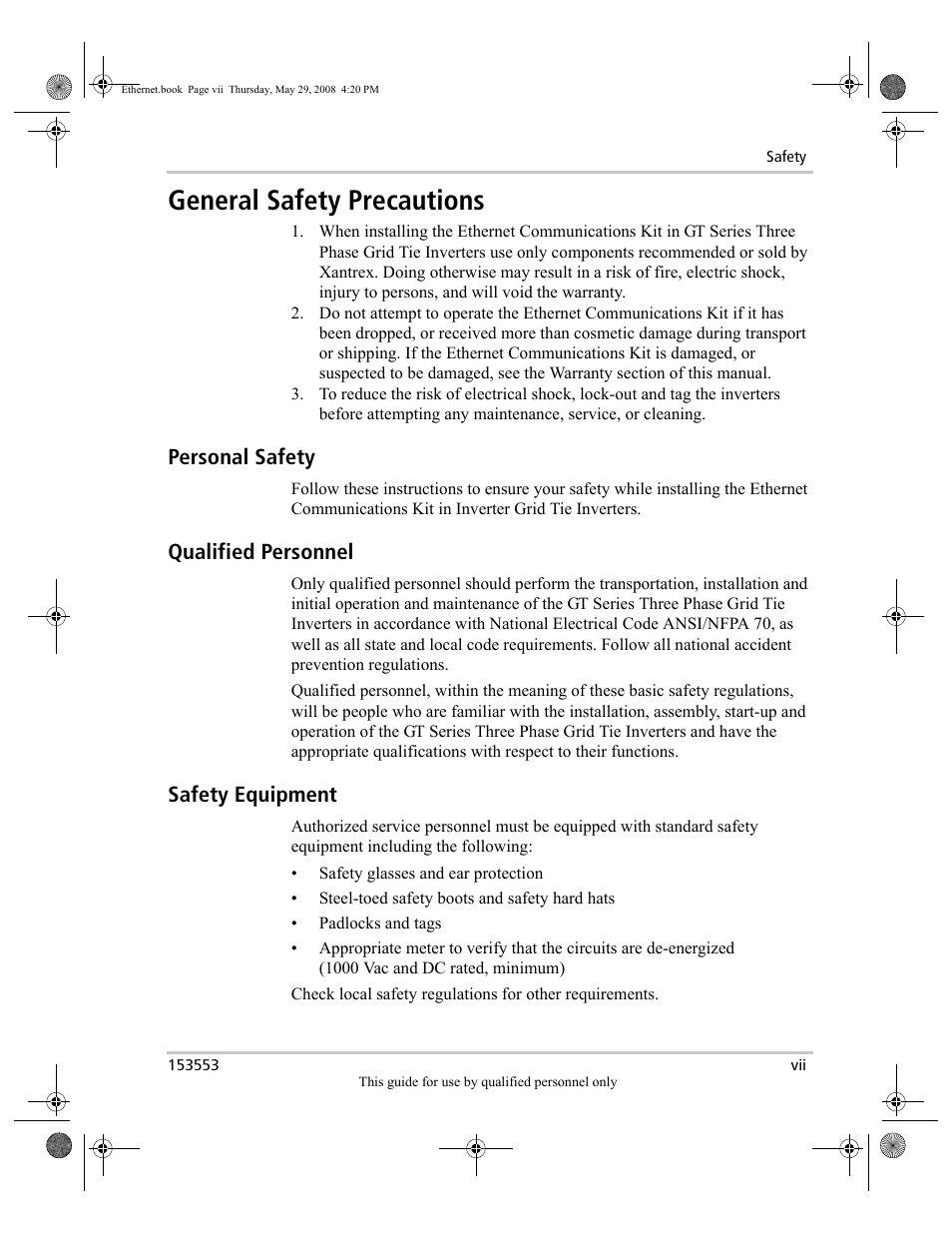 General safety precautions, Personal safety, Qualified personnel | Safety equipment | Xantrex Technology GT Series User Manual | Page 9 / 26