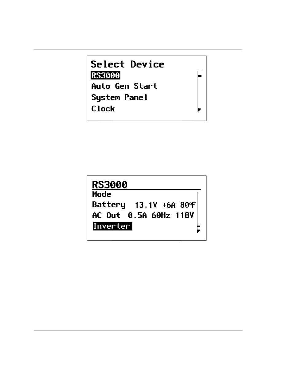 Selecting the rs3000 from the select device menu, Selecting the rs3000 basic menu, Selecting the rs3000 from | Figure 3-3, Select device menu –5, Figure 3-4, Invert [*enabled | Xantrex Technology RS3000 User Manual | Page 55 / 128