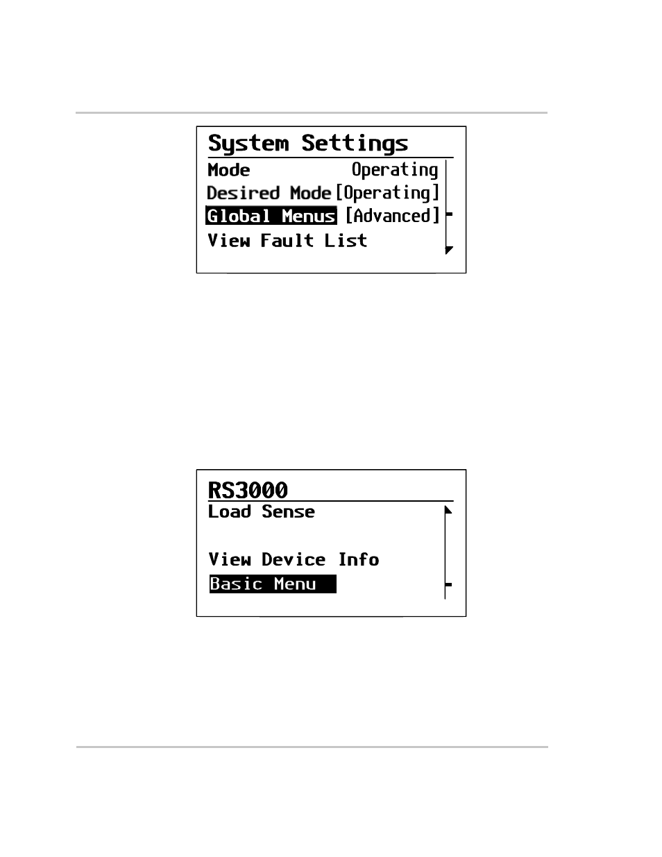 Returning to rs3000 basic menu, Returning to rs3000 basic, Figure 3-6 | Highlighting global menus –7, Figure 3-7, Off] clear faults | Xantrex Technology RS3000 User Manual | Page 57 / 128