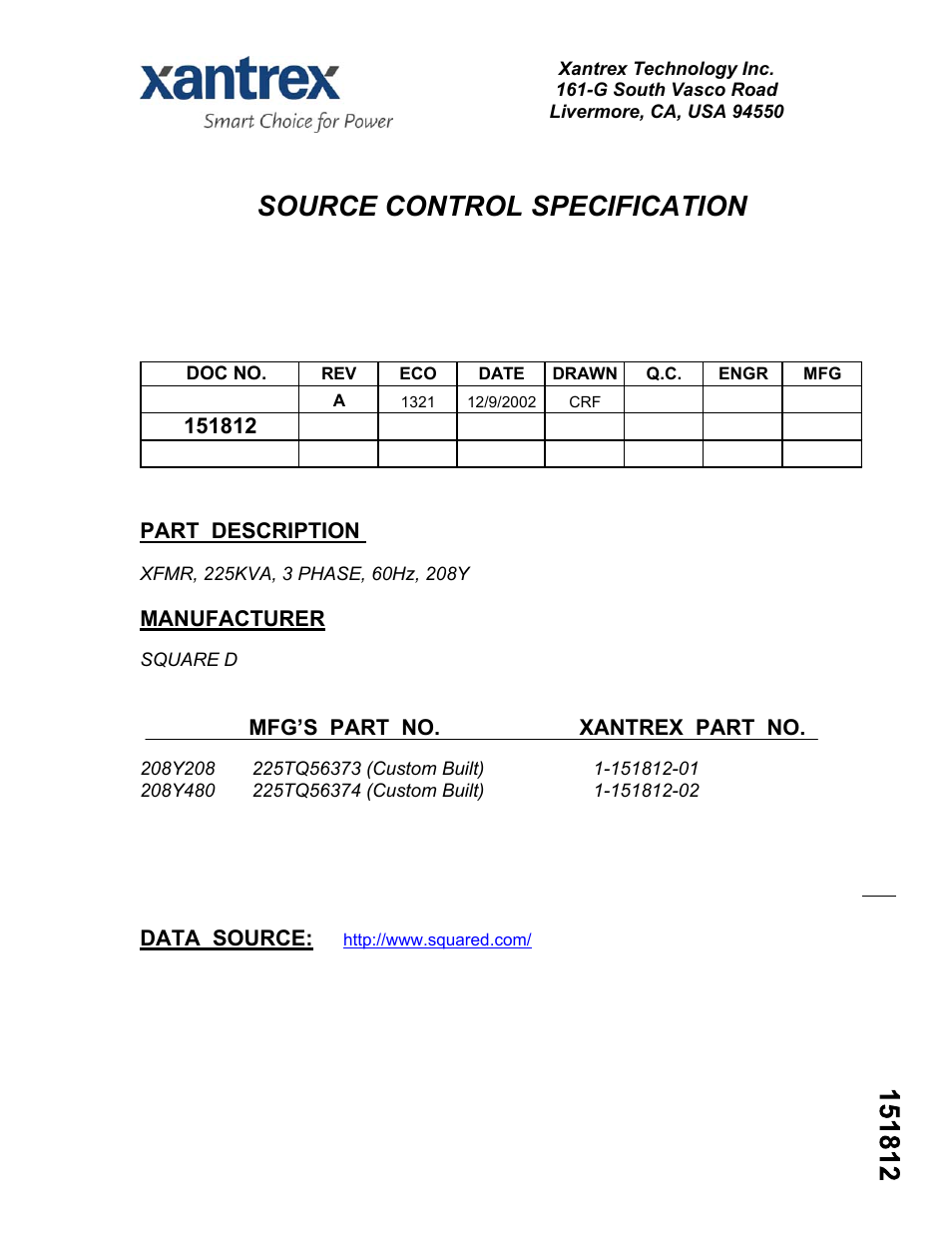 Source control specification, Xfmr, 225kva, 3 phase, 60hz, 208y, Manufacturer | Square d | Xantrex Technology PV-225208 User Manual | Page 46 / 47