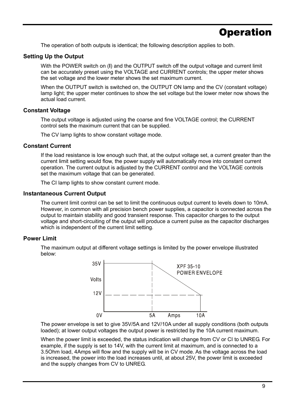 Operation, Setting up the output, Constant voltage | Constant current, Instantaneous current output, Power limit | Xantrex Technology XPF 35-10 User Manual | Page 10 / 40