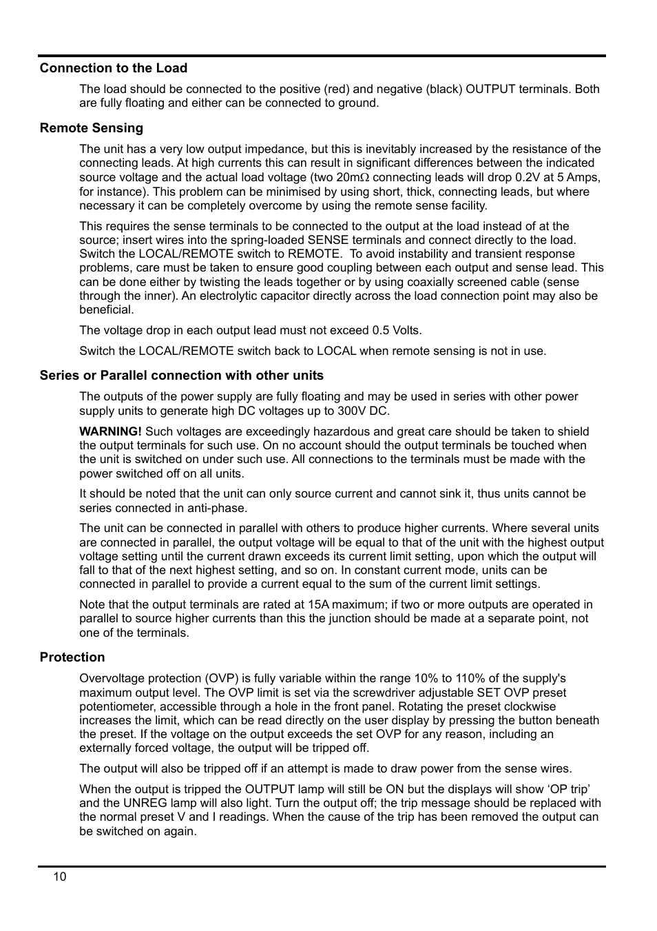Connection to the load, Remote sensing, Series or parallel connection with other units | Protection | Xantrex Technology XPF 35-10 User Manual | Page 11 / 40